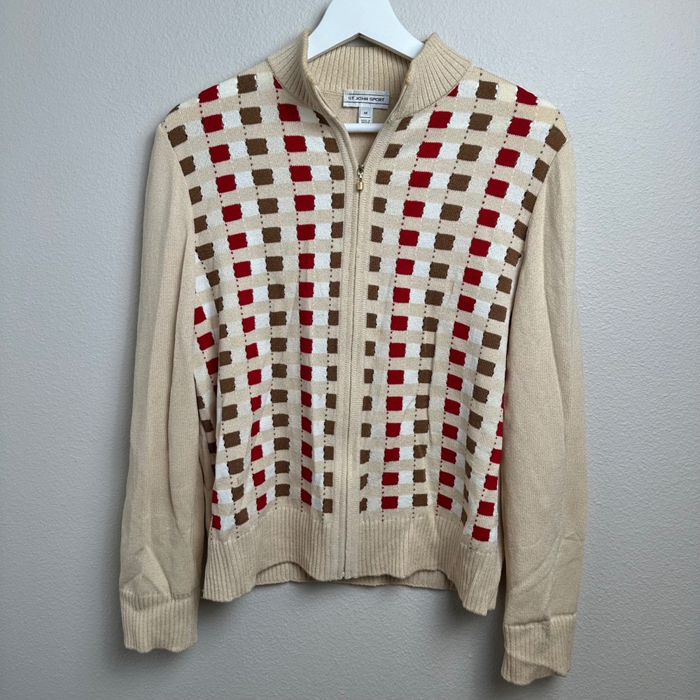 St. John Sport Full Zip Cardigan Sweater Medium Beige Red Checkered Wool Blend‎